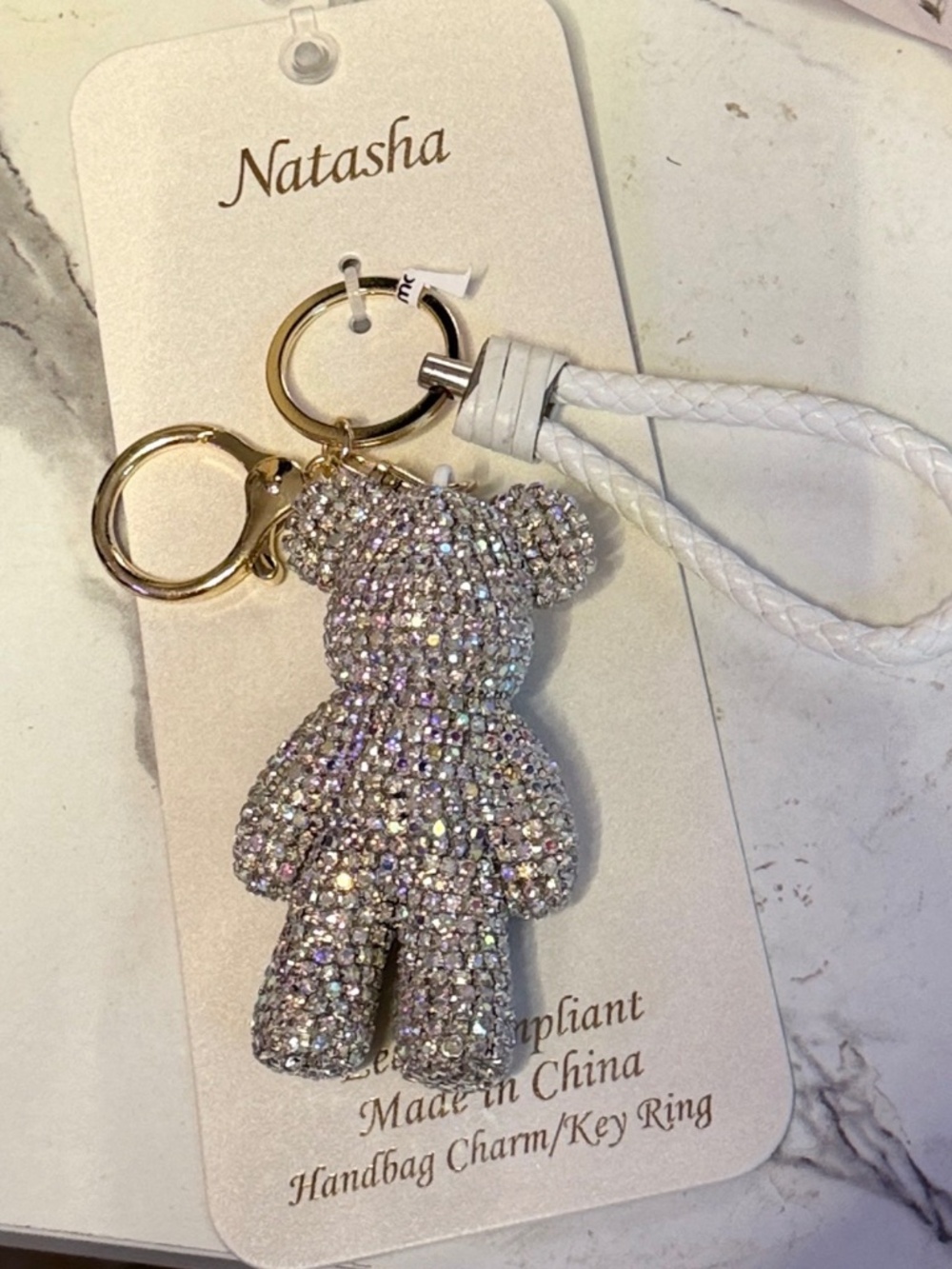 SILVER RHINESTONE TEDDY BAG CHARM KEY CHAIN